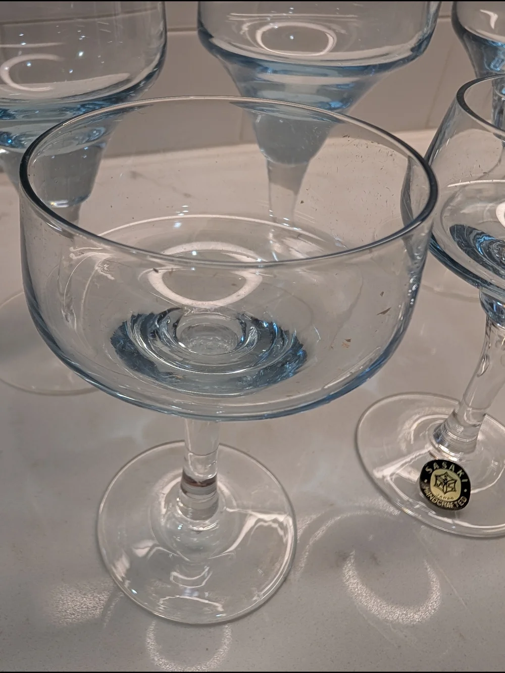 Mid-Century Modern Light Blue Sasaki Glass Wine Glasses & Cocktail Coupes - Set